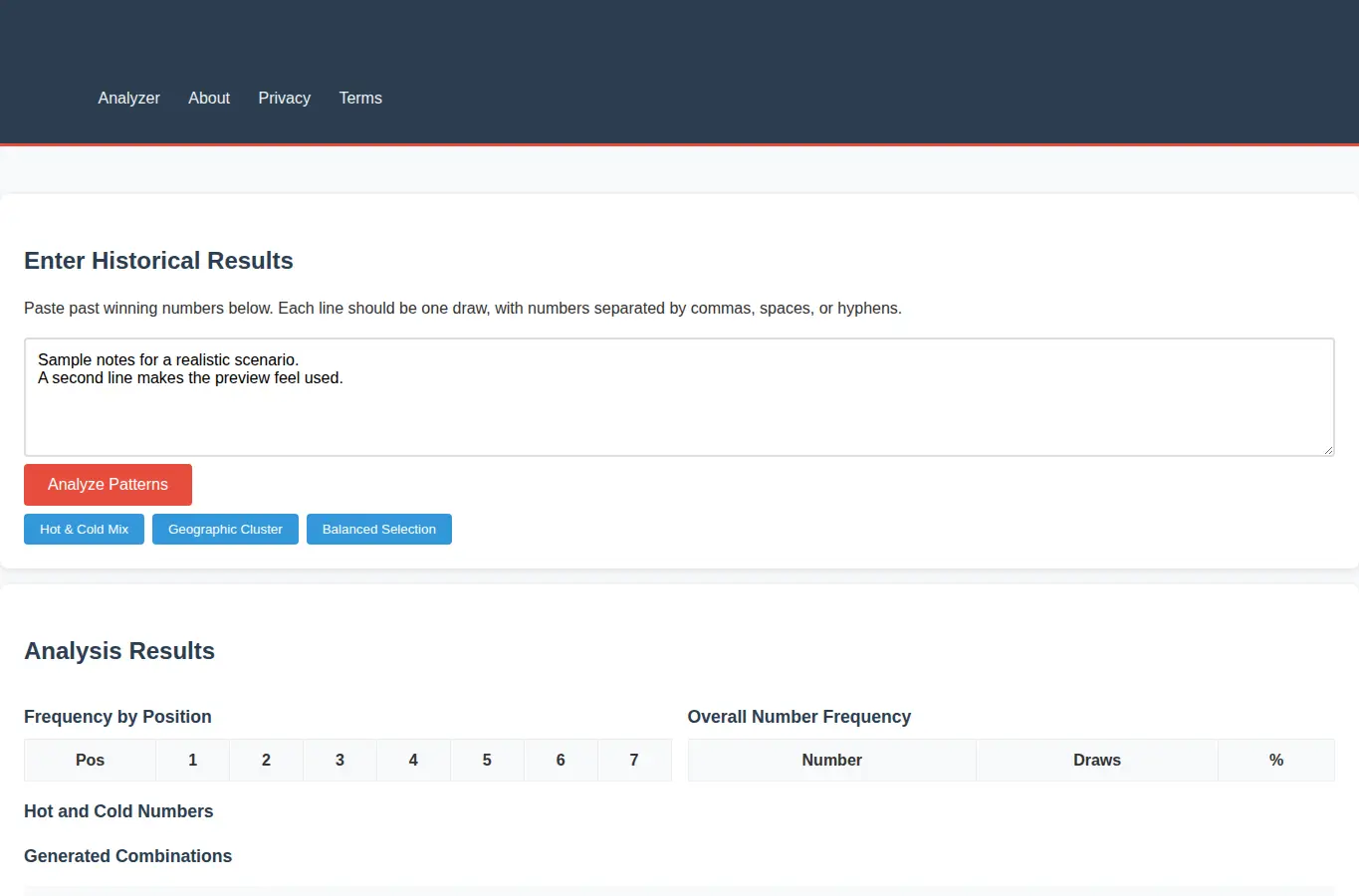 Screenshot of Postcode Lottery Number Pattern Analyzer interface showing the project page in use